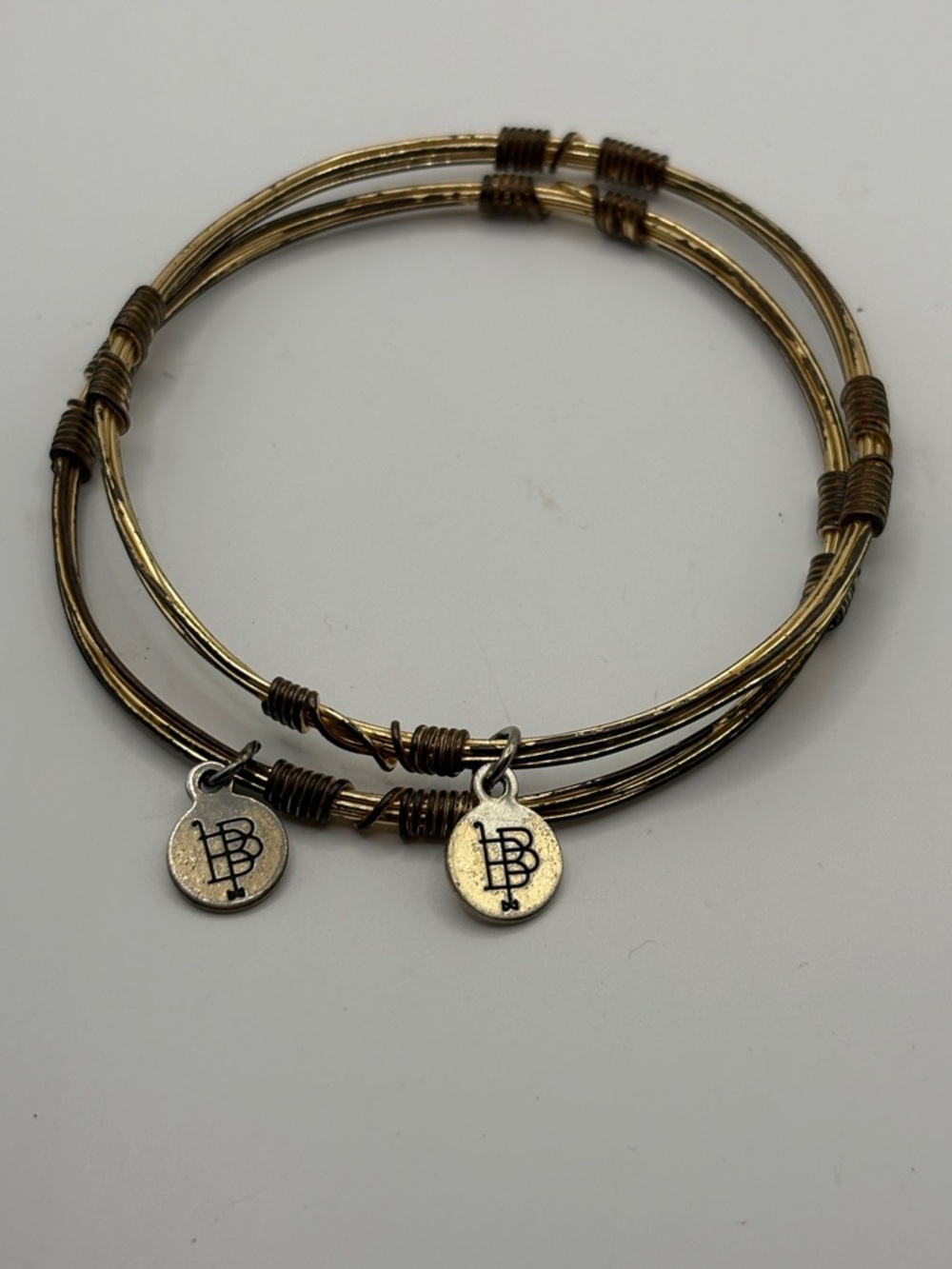 Bourbon and Bowties Gold and Bronze Stackable Wire Bracelet Set with Logo Charms